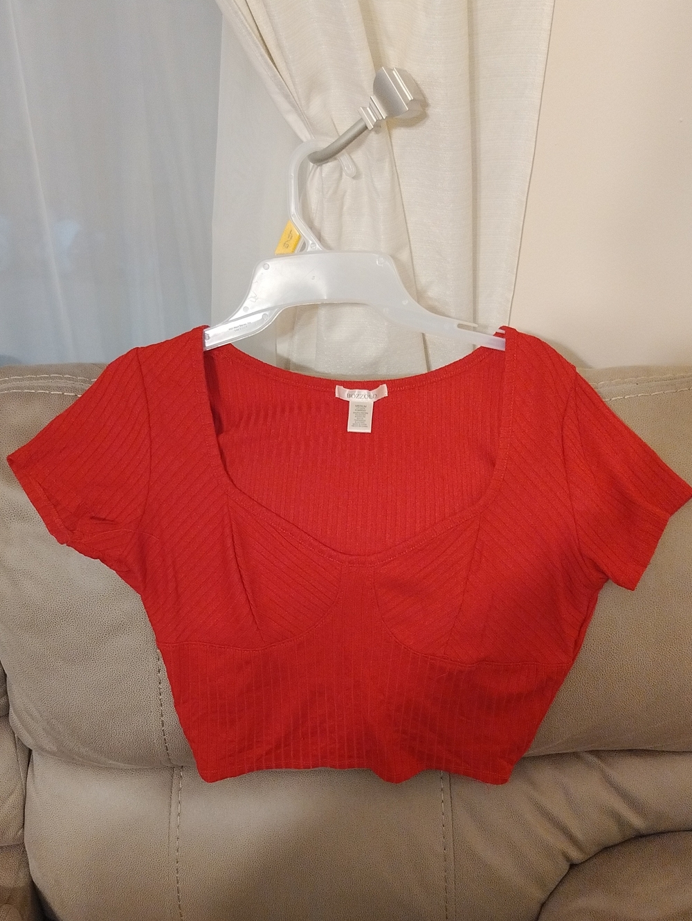 Bozzolo Red Ribbed Scoop-Neck Cropped Top